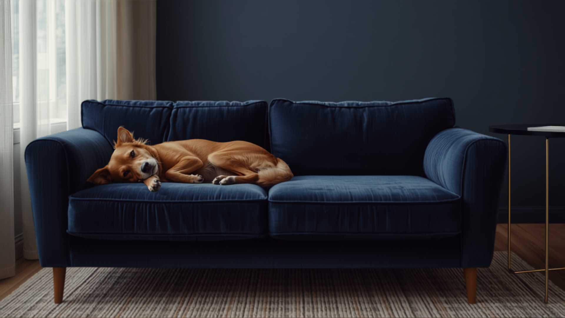 Dog resting with owner in a warm, navy-toned living room